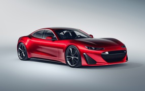 Красный автомобиль  Drako GTE, 2020 года на сером фоне вид спереди