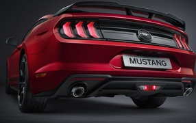 Red Ford Mustang EcoBoost SIP car rear view on a gray background
