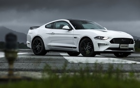 White Ford Mustang GT Black Shadow 2019 on a background of a stormy sky