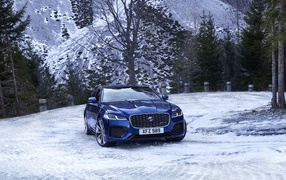 Blue car Jaguar XF in winter on a mountain background