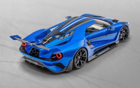 Синий автомобиль Mansory La MANSORY 2020 года на сером фоне вид сзади