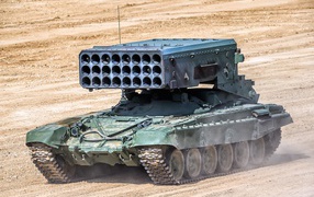 Russian combat vehicle BM-1 TOS-1A in the sand