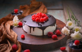 Delicious cake with chocolate and raspberries on a table with chrysanthemum flowers