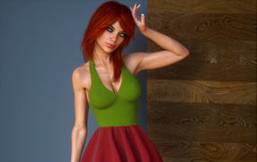 Red-haired 3d girl near the wall