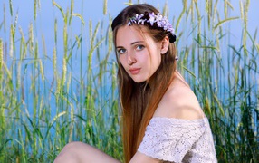 Красивая молодая девушка с венком на голове сидит на поле с колосьями 