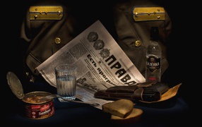 Stewed meat, newspaper, vodka, gun and military uniform for Defender of the Fatherland Day