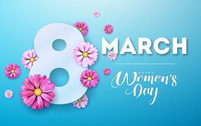 Открытка на голубом фоне на Международный женский день 8 марта