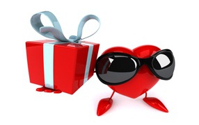 Heart in black glasses with a gift on a white background on February 14