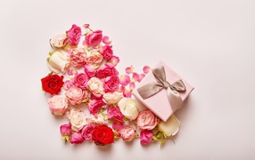 Heart of rose flowers on a pink background with a gift