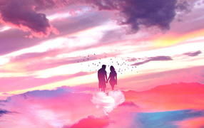 Silhouette of a couple in love walks through the clouds