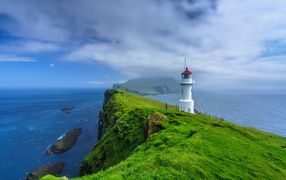 Lighthouse on a green cliff under a blue sky