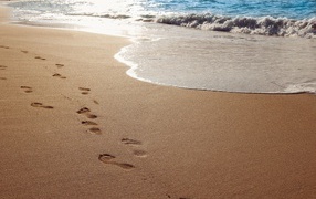 Footprints on the wet sea sand