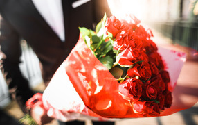Big beautiful bouquet of red roses in the hands of a man