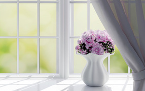 Букет розовых роз в белой вазе на окне