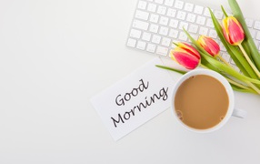 Notebook with a bouquet of tulips and which and the inscription Good morning