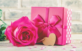 Pink rose on the table with a big gift with a bow