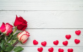 Три свежие розы на сером столе с красными сердечками