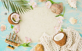Coconuts in the sand with shells, green leaves and alstroemeria flowers