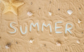 Надпись summer на желтом песке с ракушками и морской звездой