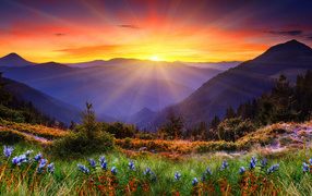 Bright sun covers mountain peaks and beautiful nature