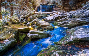 The first snow covered stones by a forest stream