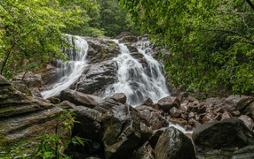 Waterfall flows down large wet stones in the forest.