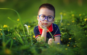 Boy in glasses sits in the green grass.