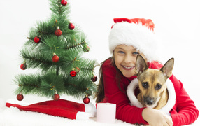 Smiling girl with dog near green christmas tree