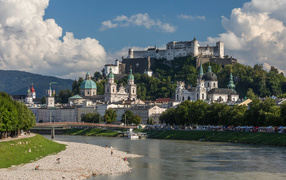 View of the old cathedral and castle on the hill, Salzburg. Austria