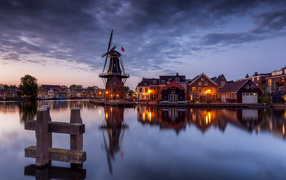 Beautiful evening city view by the river, Netherlands