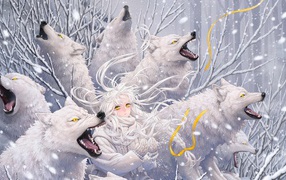 Snow girl with fantasy white wolves