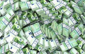 Many green bundles of euro close up