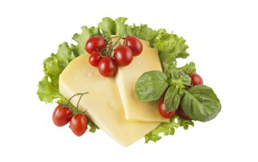 Cheese with tomatoes, lettuce and basil on a white plate