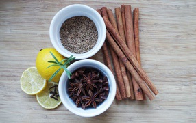 Cinnamon, star anise, fennel seeds and lemon on the table