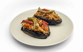 Eggplant dish with rice on a large white plate