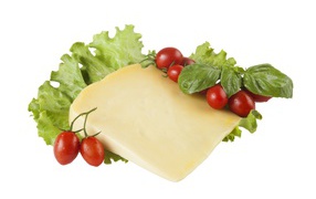 Piece of cheese with tomatoes and lettuce on a white plate