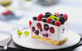Аппетитный торт-суфле с ягодами на белой тарелке