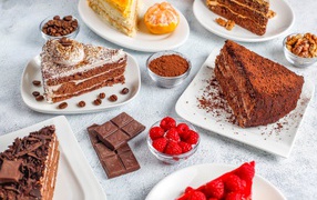 Different pieces of cake on the table with raspberries and chocolate