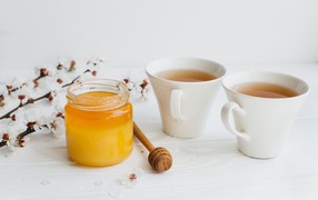 Мед на столе с чаем и цветами абрикоса