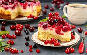 Piece of pie with berries and cottage cheese