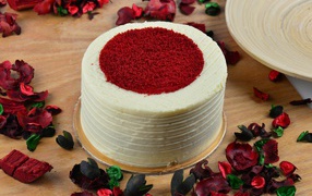 Red velvet cake with flower petals