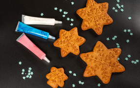 Snowflake cookies with paints on the table