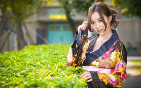 A girl in a kimono stands by a green bush