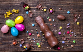 Chocolate bunny and colorful eggs for Easter