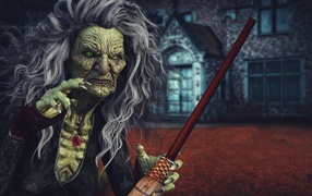 Старая ведьма с метлой на праздник Хэллоуин
