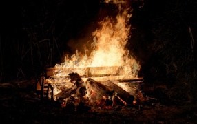 Big bonfire with wood at night