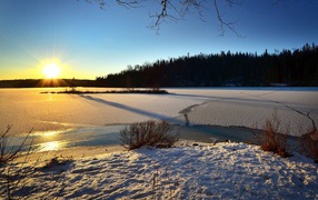 Ice-covered river in the sun by the forest