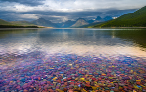 Smooth multicolored stones in the lake