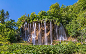 Beautiful waterfall flows down the slope with green trees