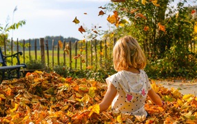 Маленькая девочка сидит в сухой листве